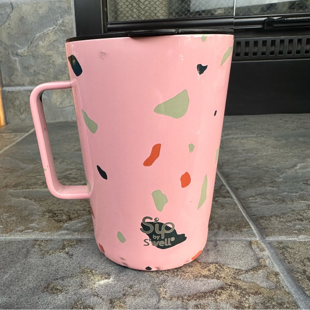Sip By S'well Pink Stainless Steel Metal Travel Takeaway Mug w/ Lid, Handle 15oz